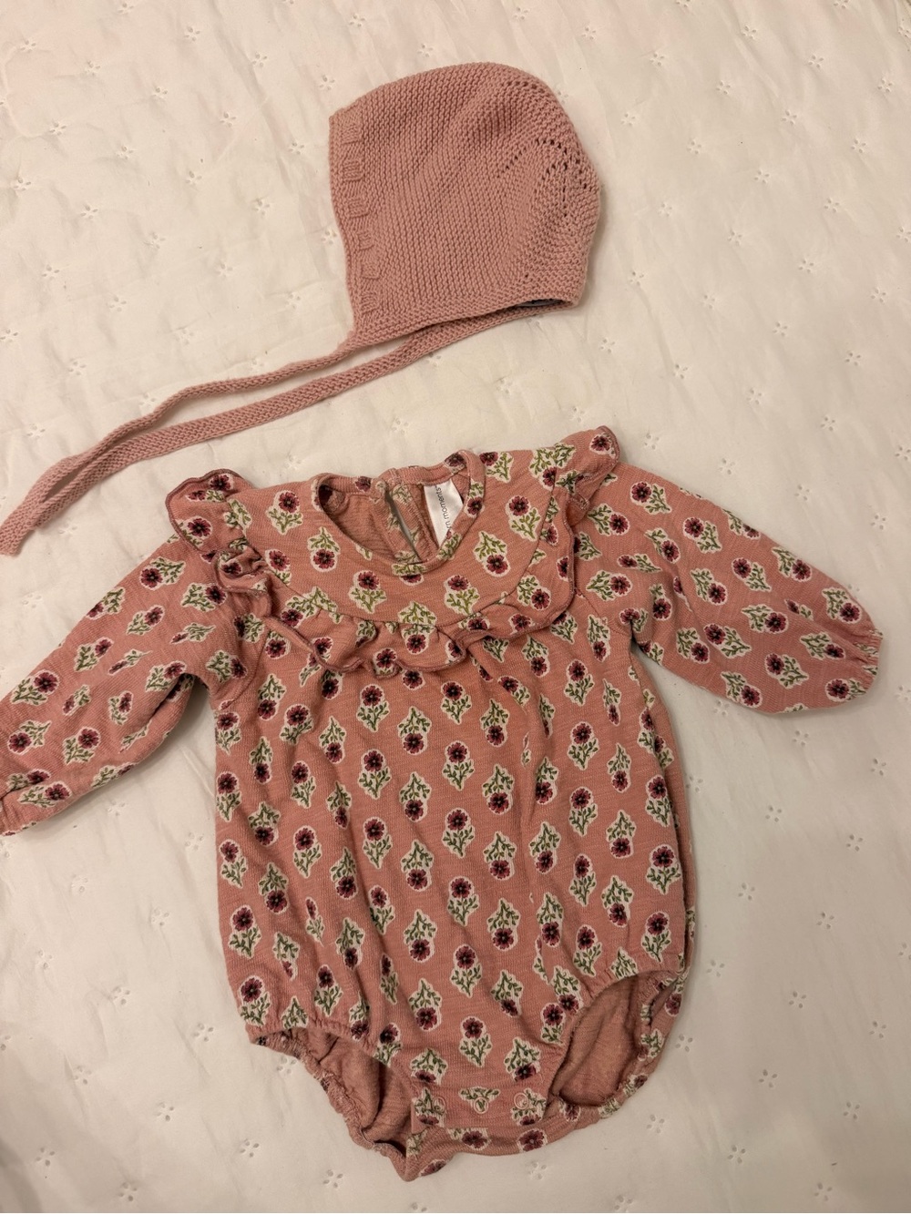 Dusty Pink Floral Ruffle Baby One-Piece with Knit Bonnet